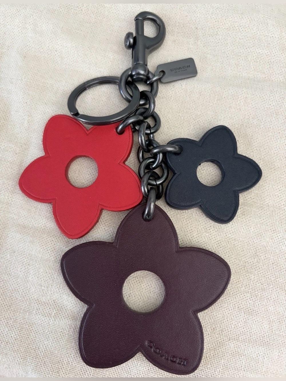 COACH Wild Flower Key Ring/ Bag Charm Set Black/ Burgundy/ Red Leather/ Gunmetal